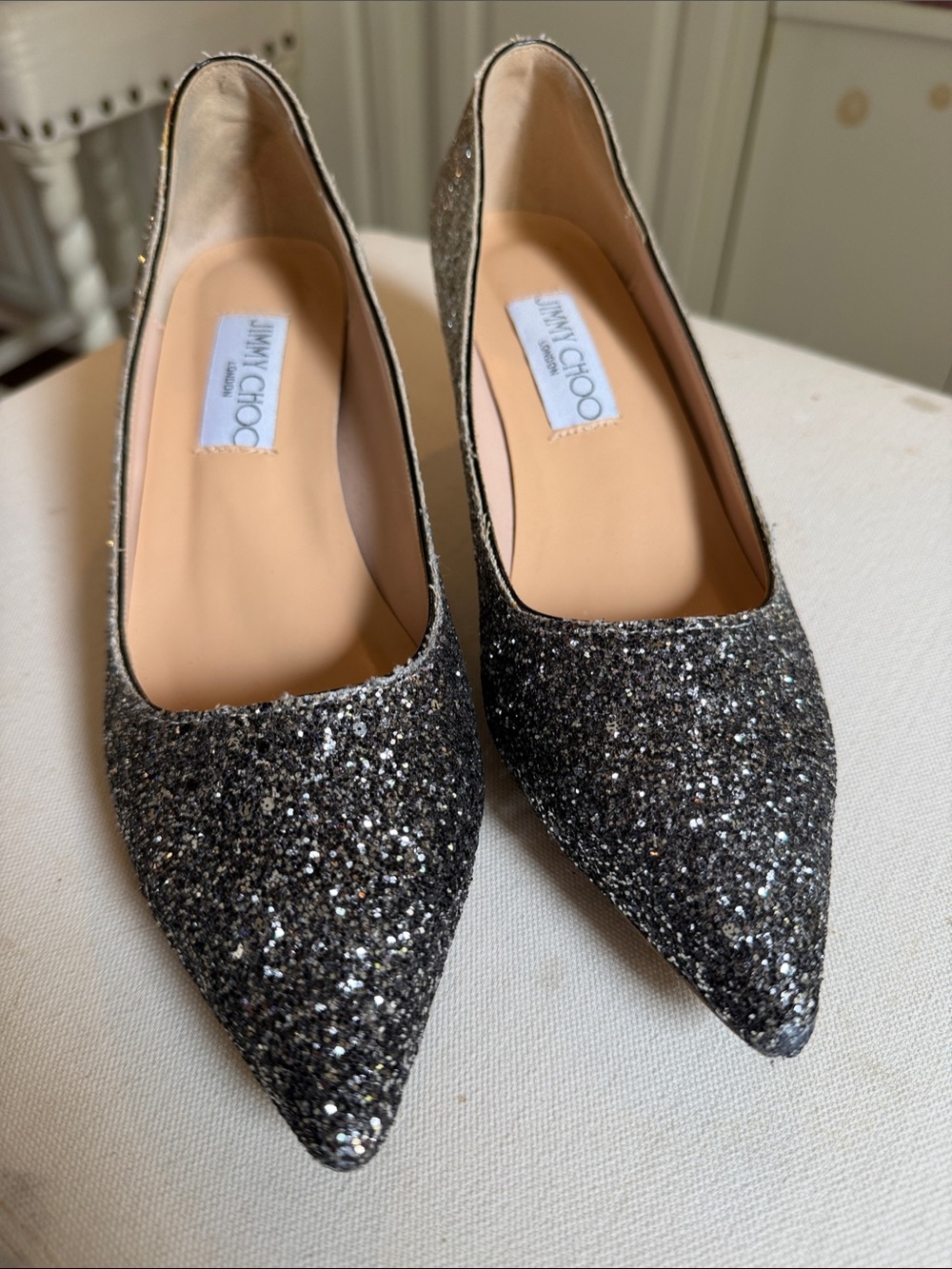 Jimmy Choo Romy Black Silver Glitter Pointed Heals 39